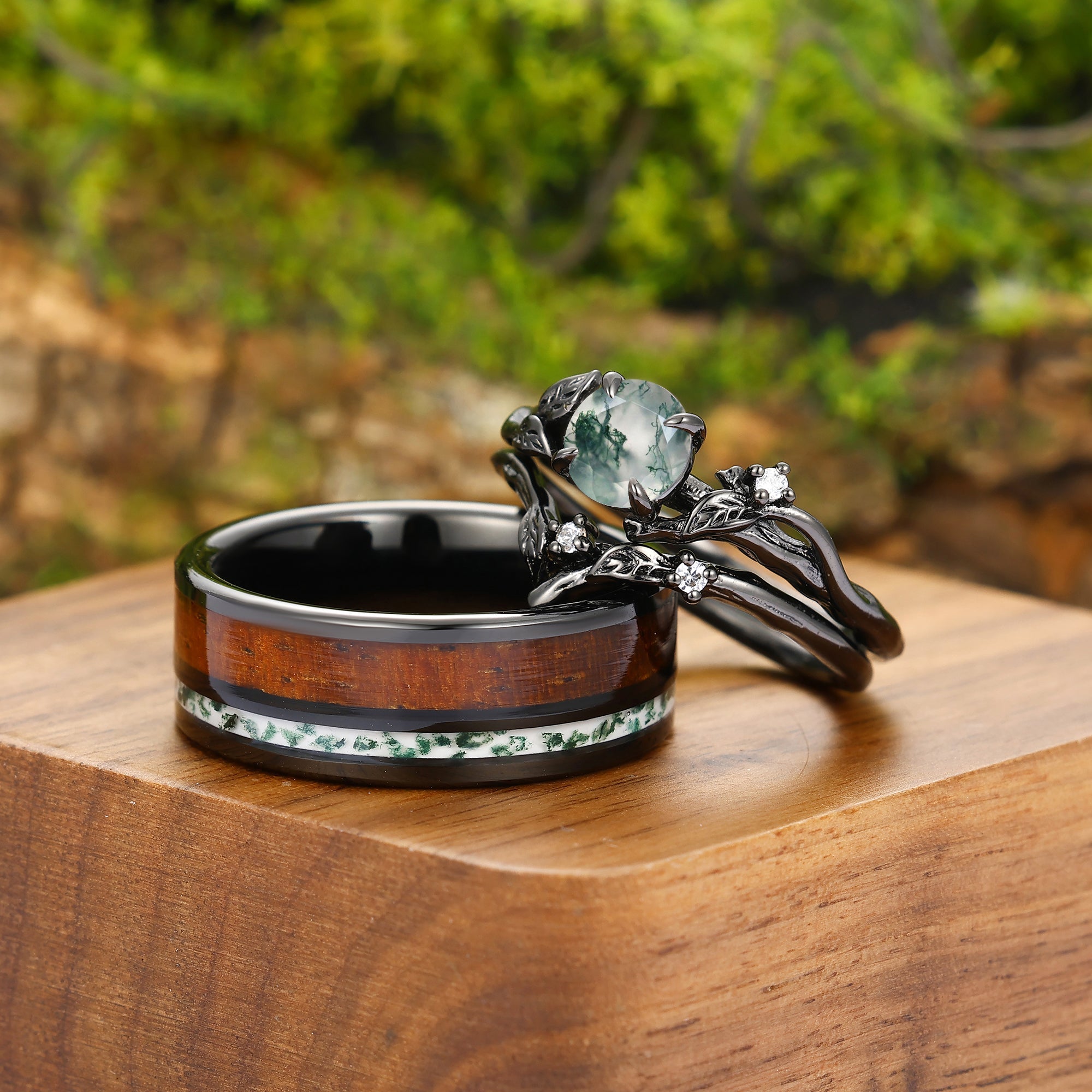 Delicate Moss Agate Sprig Engagement Couple Rings Set Matching