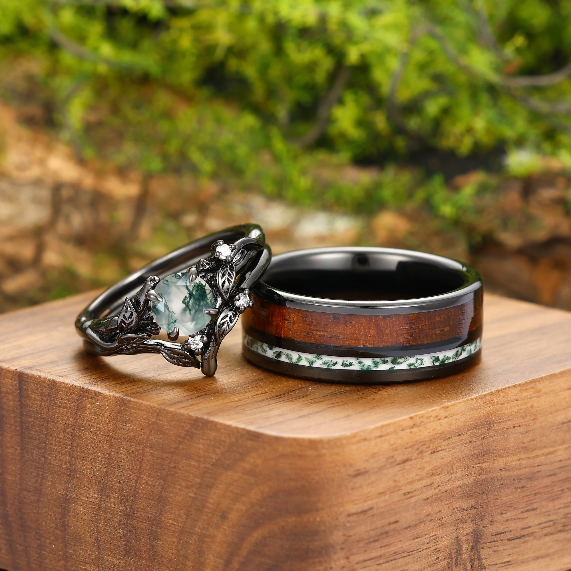 Delicate Moss Agate Sprig Engagement Couple Rings Set Matching