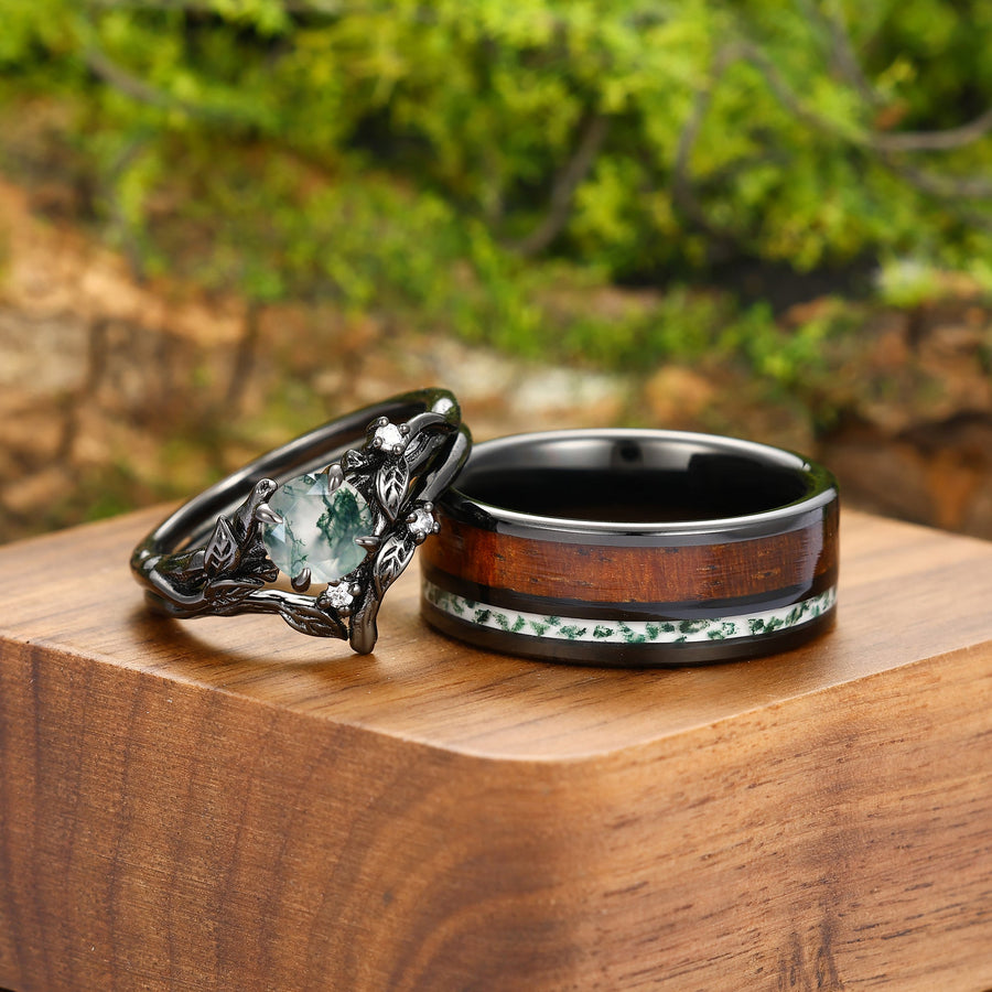 Delicate Moss Agate Sprig Engagement Couple Rings Set Matching Green Tungsten His And Hers Wedding Band -  Esdomera.com