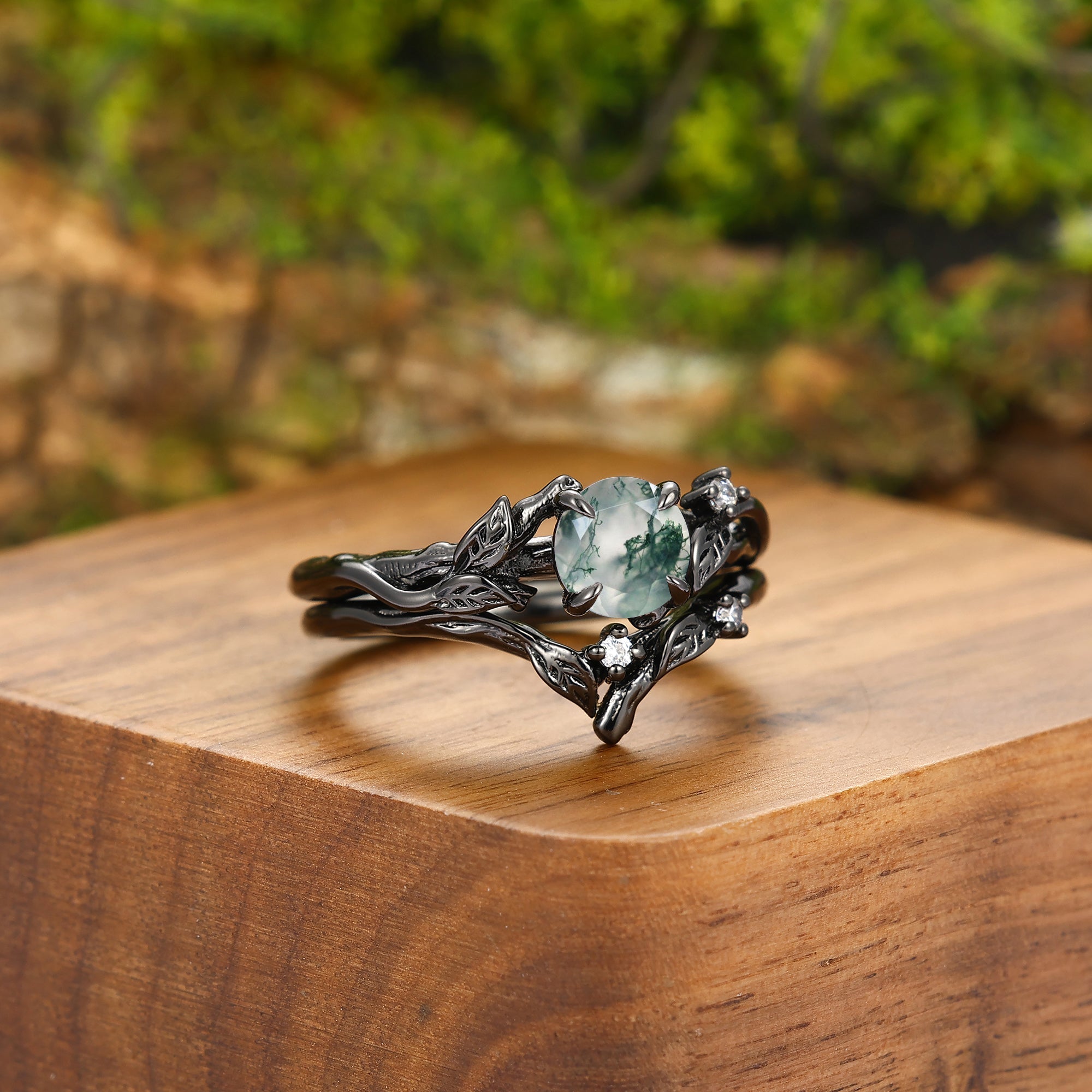 Delicate Moss Agate Sprig Engagement Couple Rings Set Matching