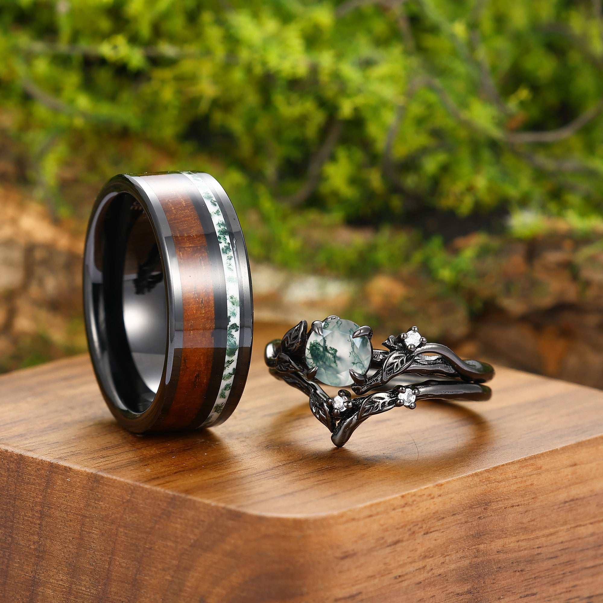 Delicate Moss Agate Sprig Engagement Couple Rings Set Matching