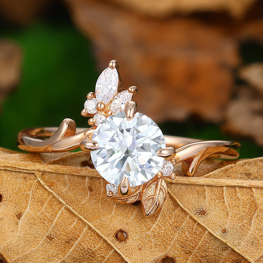 Nature Inspired Round Lab Grown Diamond Engagement Leaf Ring