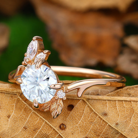 Nature Inspired Round Lab Grown Diamond Engagement Leaf Ring