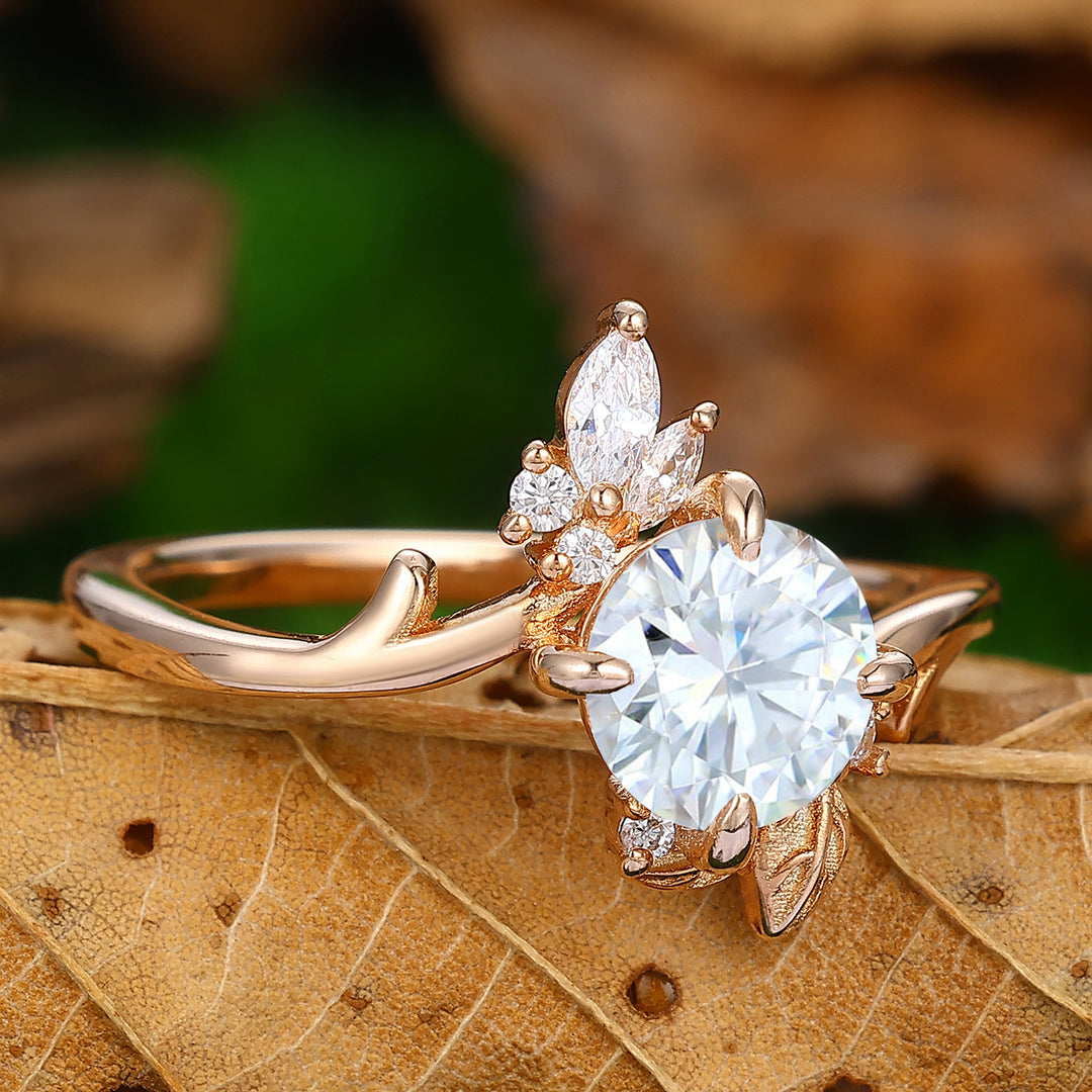 Nature Inspired Round Lab Grown Diamond Engagement Leaf Ring