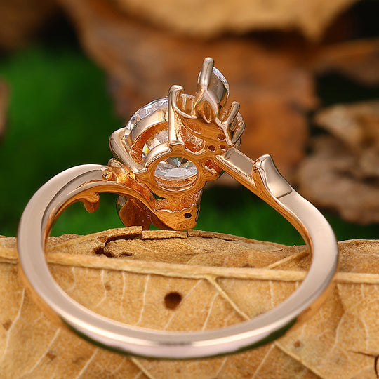 Nature Inspired Round Lab Grown Diamond Engagement Leaf Ring