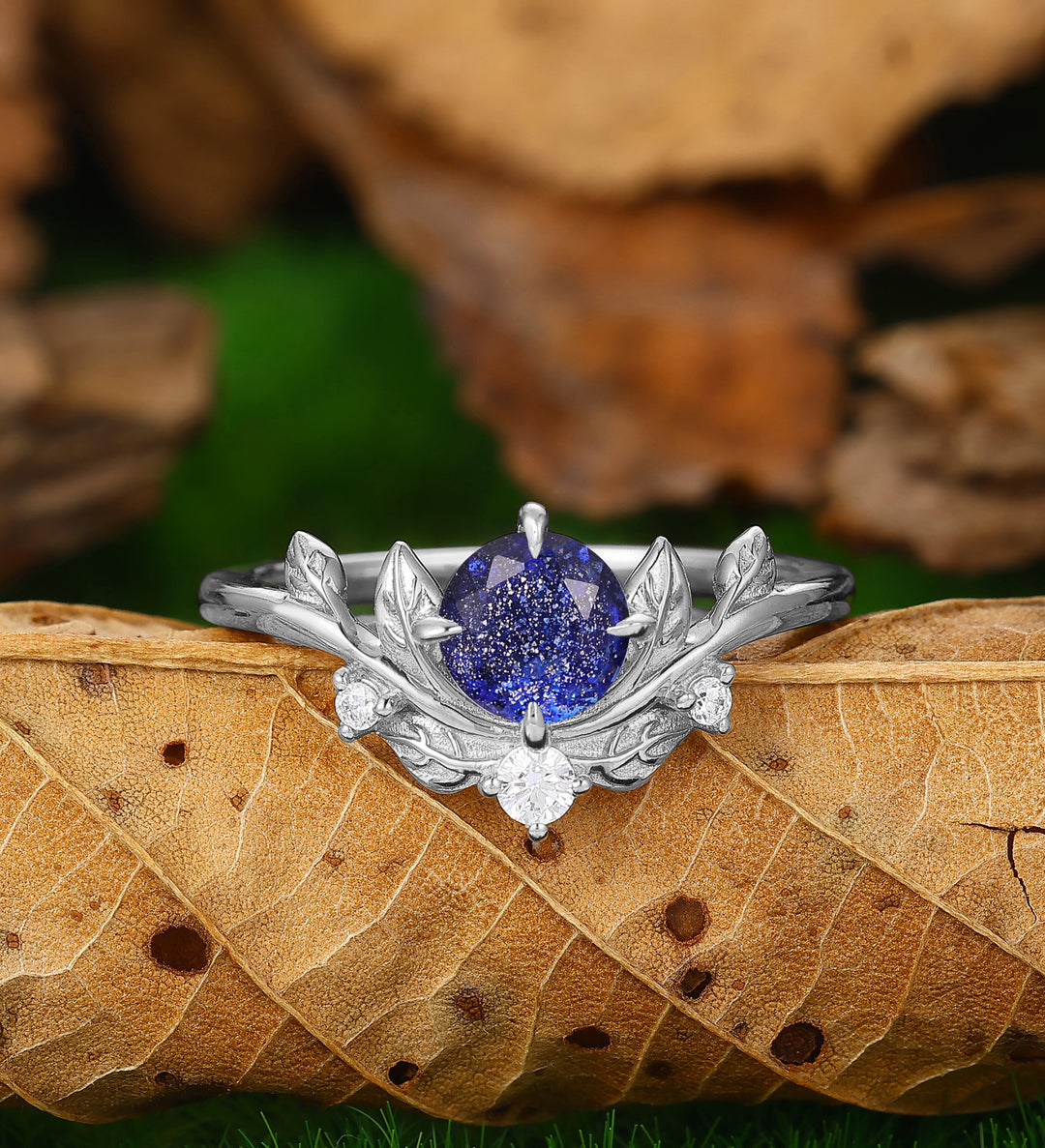 Brilliant Galaxy Sandstone Leaf Shape Couples Ring Set Blue Shining Tungsten Matching Ring