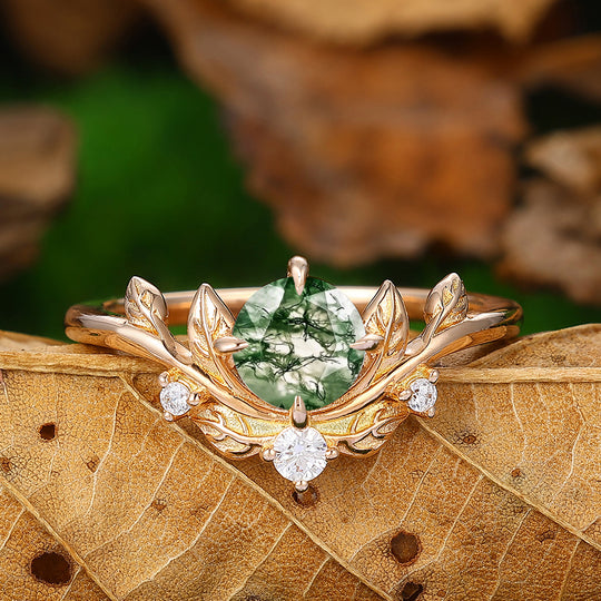 Antique 14k Rose Gold Round Cut Art Deco Leaf Design Natural Moss Agate Engagement Ring