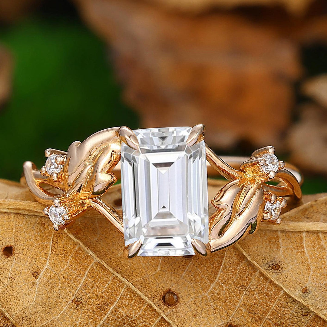 Emerald Cut Moissanite Ring Leaf Design Ring Split Shank