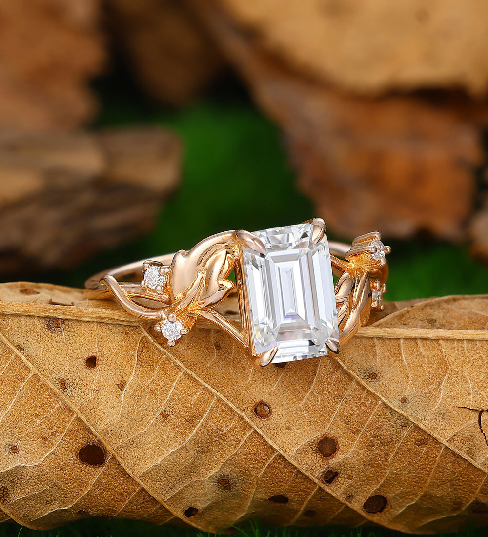 2.50CT Emerald Cut Moissanite Ring Leaf Design Ring Split Shank