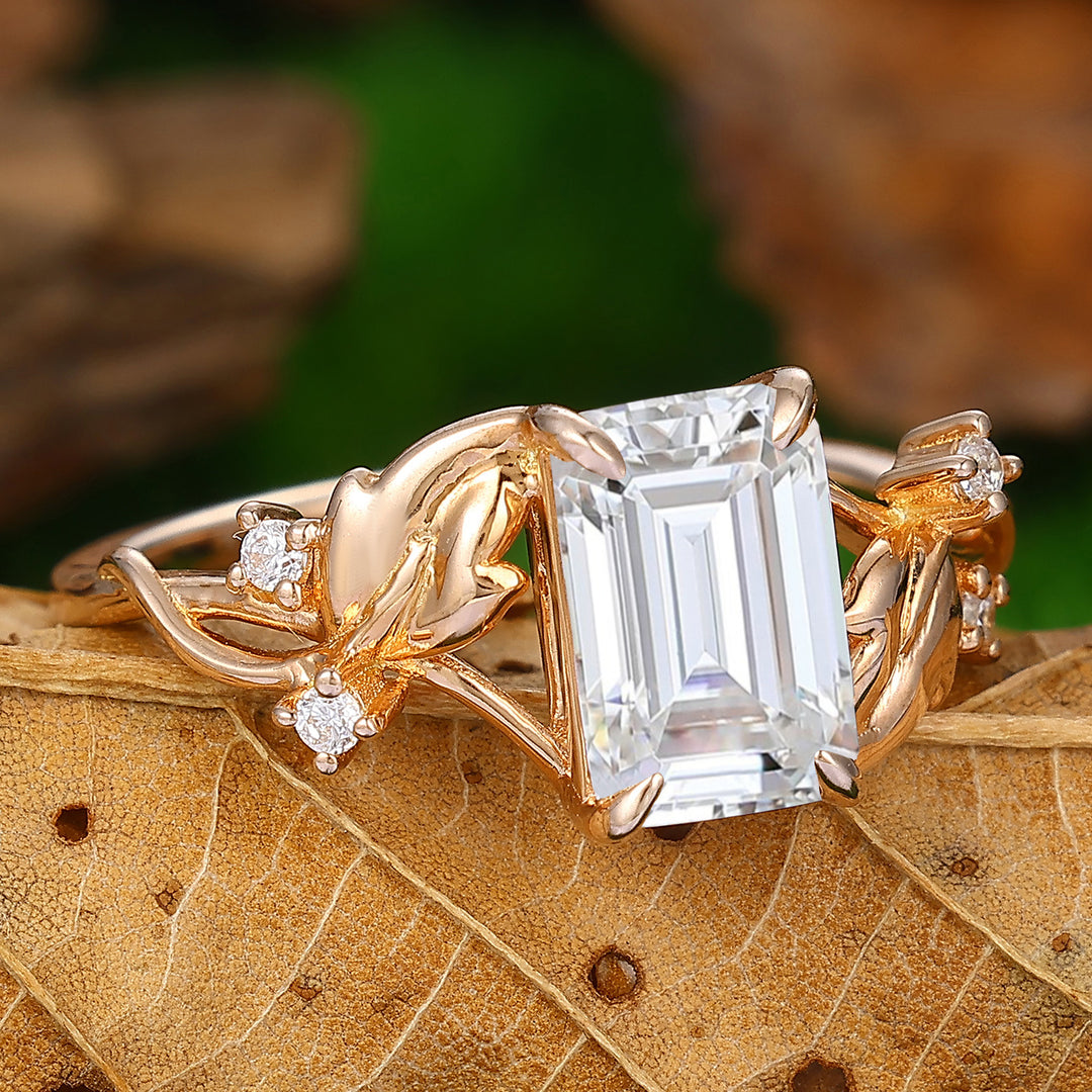 2.50CT Emerald Cut Moissanite Ring Leaf Design Ring Split Shank