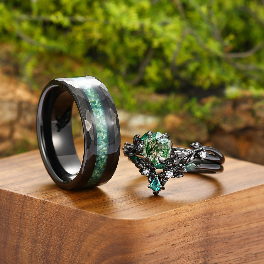 Prongs Setting Moss Agate Leaves Engagement Rings Set For Couples S925 And Tungsten Wedding Rings.