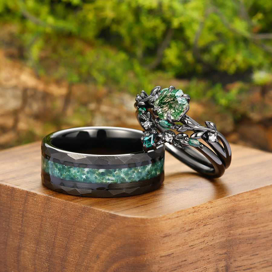 Prongs Setting Moss Agate Leaves Engagement Rings Set For Couples S925 And Tungsten Wedding Rings.