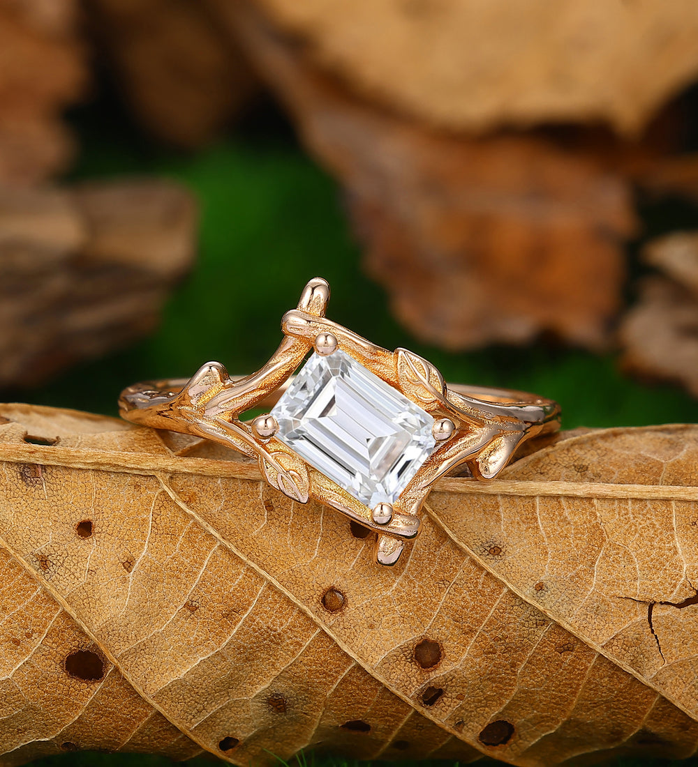 1.00CT Emerald Cut Moissanite Ring Set Split Shank Leaf Design Prong Setting Ring