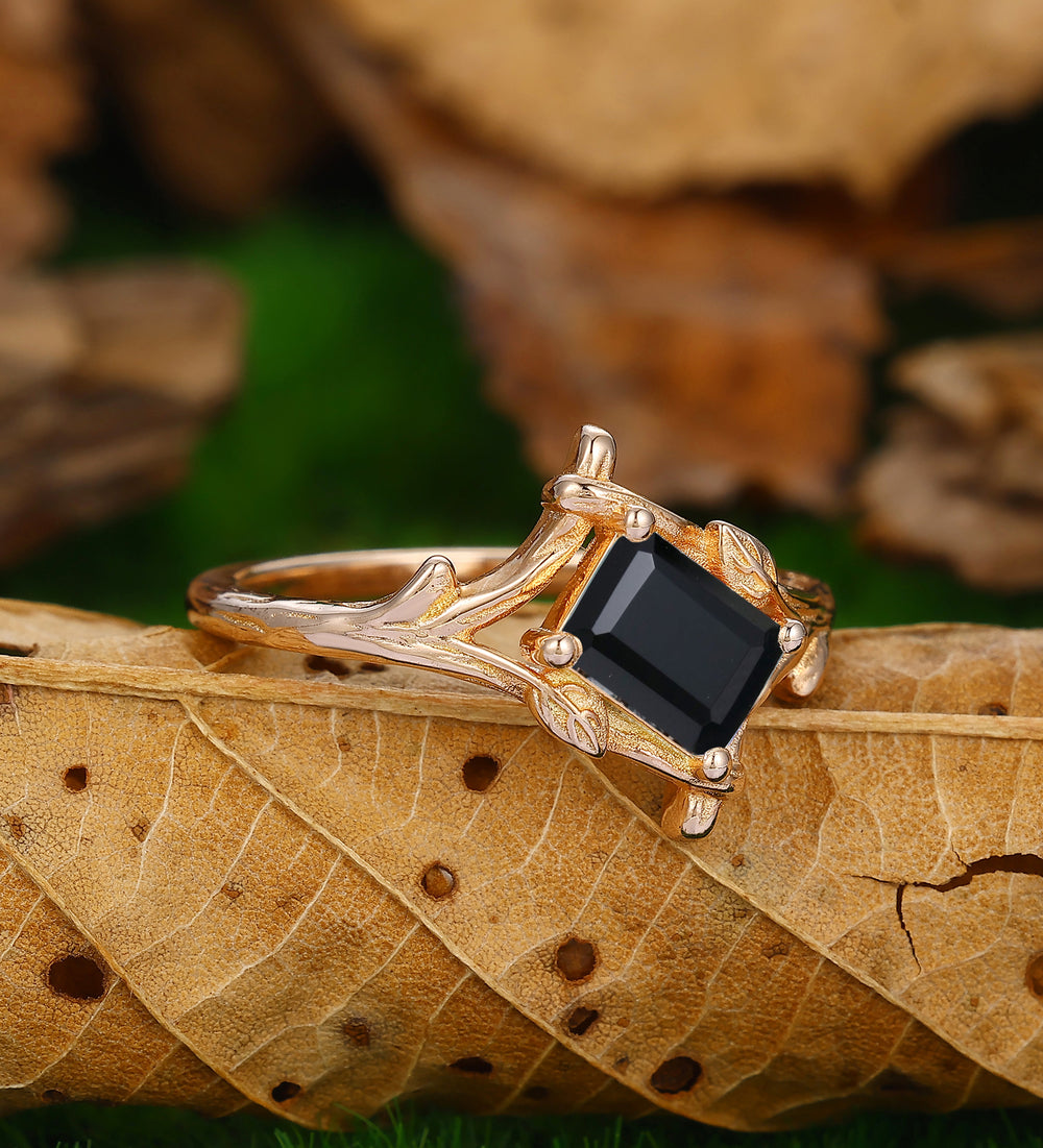 Leaf Branch Design Emerald Cut Natural Black Onyx Bridal Promise Ring 14k Rose Gold