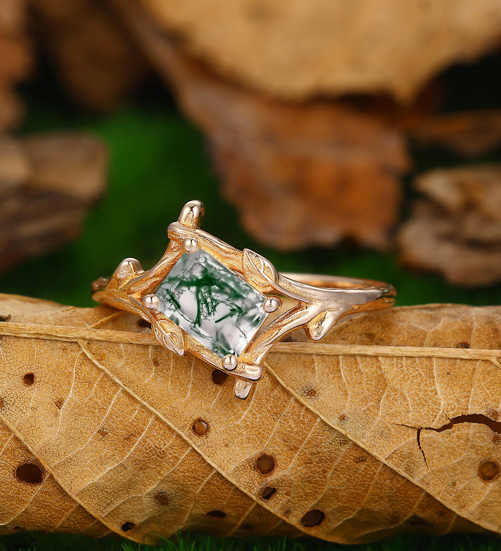 1 Carat Vintage Natural Moss Agate Wedding Promise Ring Antique Bridal Ring Leaf Branch Ring