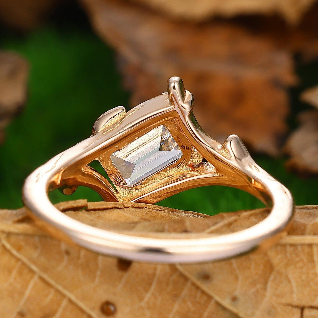 Split Shank Emerald Bezel Set Ring Emerald Cut Moissanite Ring Set