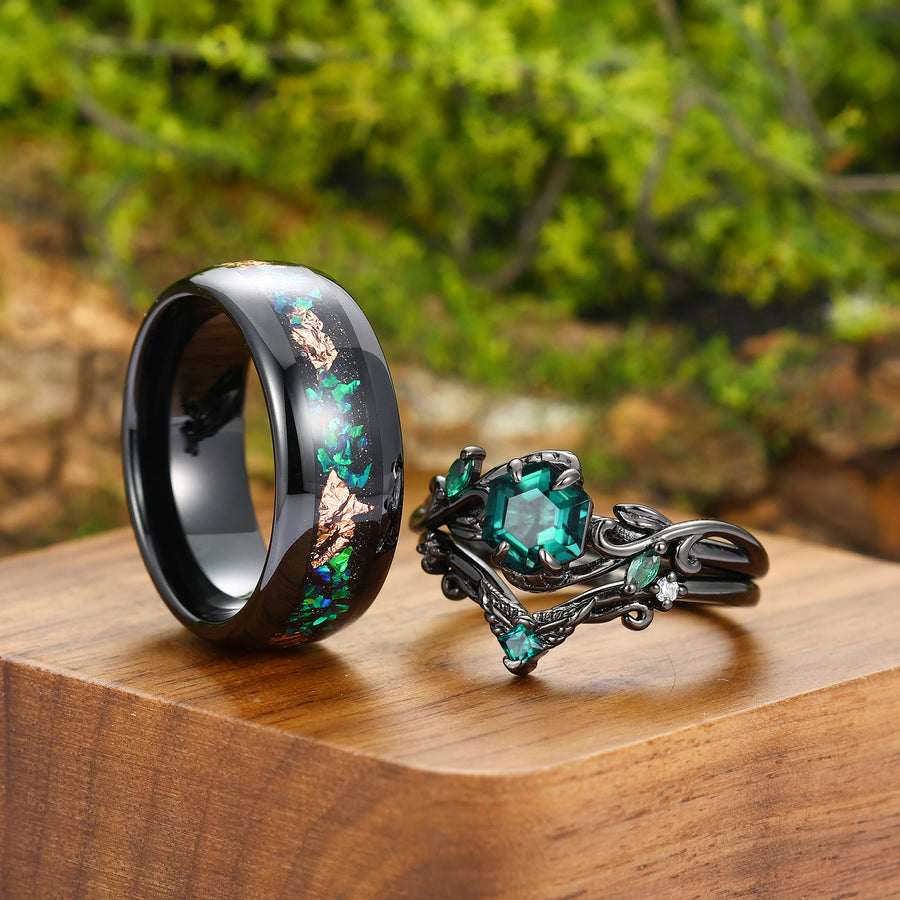 Artsy Green Emerald Leaves Curved Engagement Couple Rings Set His And Hers Promise Tungsten Wedding Band -  Esdomera.com