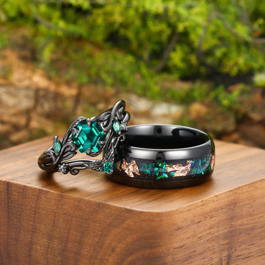 Artsy Green Emerald Leaves Curved Engagement Couple Rings Set His And Hers Promise Tungsten Wedding Band -  Esdomera.com