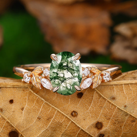 1.5 Carat Oval Shaped Natural Moss Agate Leaf Stackable Cluster Engagement Ring