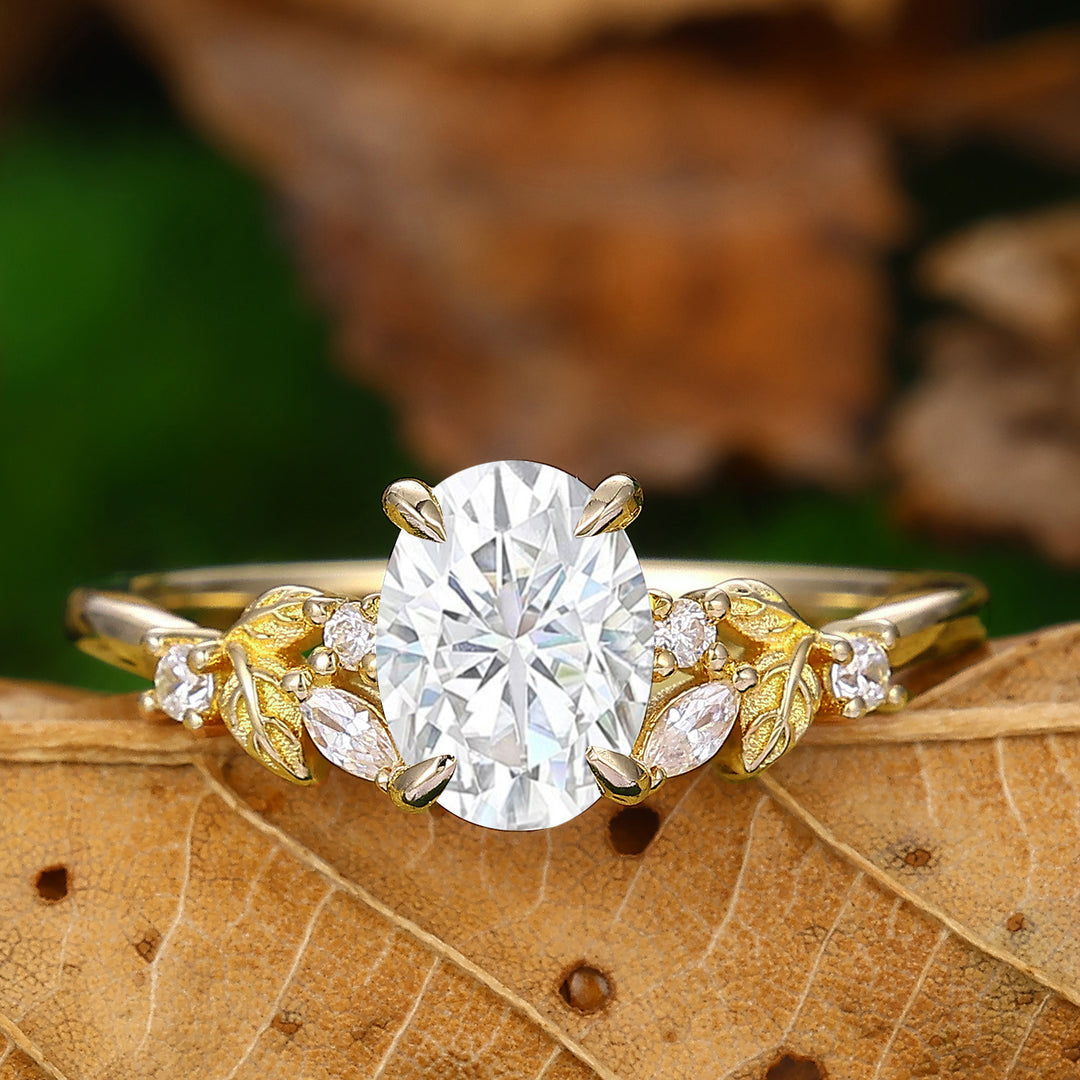 1.50CT Oval Cut  Natrue Inspired Moissanite Leaf Design Ring