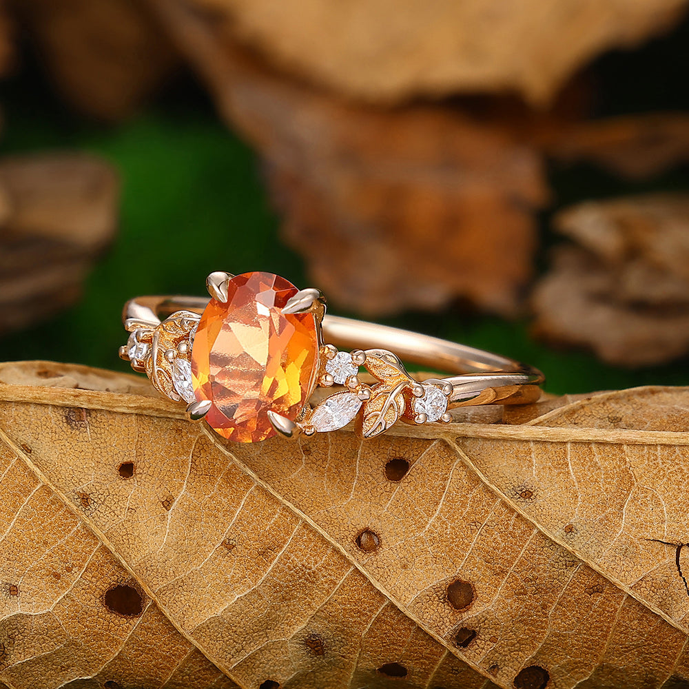 Nature Inspired 1.5 CT Oval Cut Art Deco Leaf Natural Orange Garnet Ring