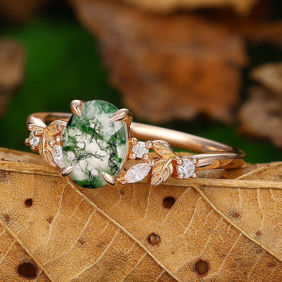 1.5 Carat Oval Shaped Natural Moss Agate Leaf Stackable Cluster Engagement Ring