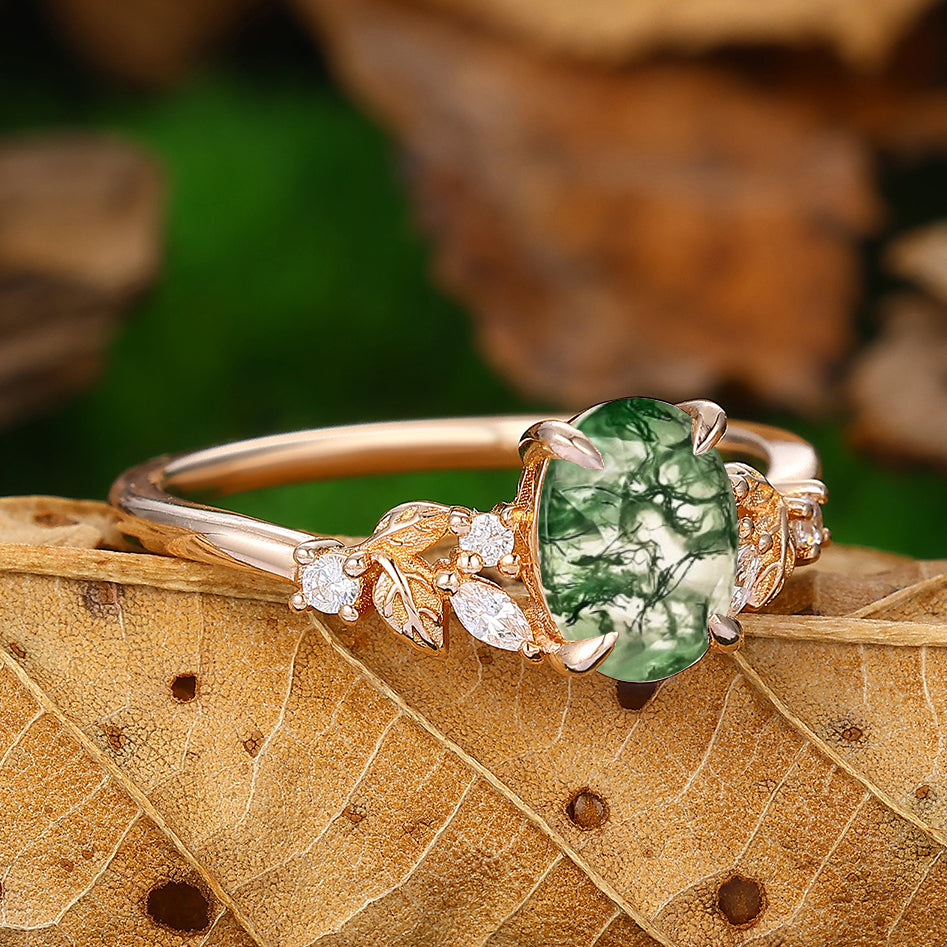 1.5 Carat Oval Shaped Natural Moss Agate Leaf Stackable Cluster Engagement Ring