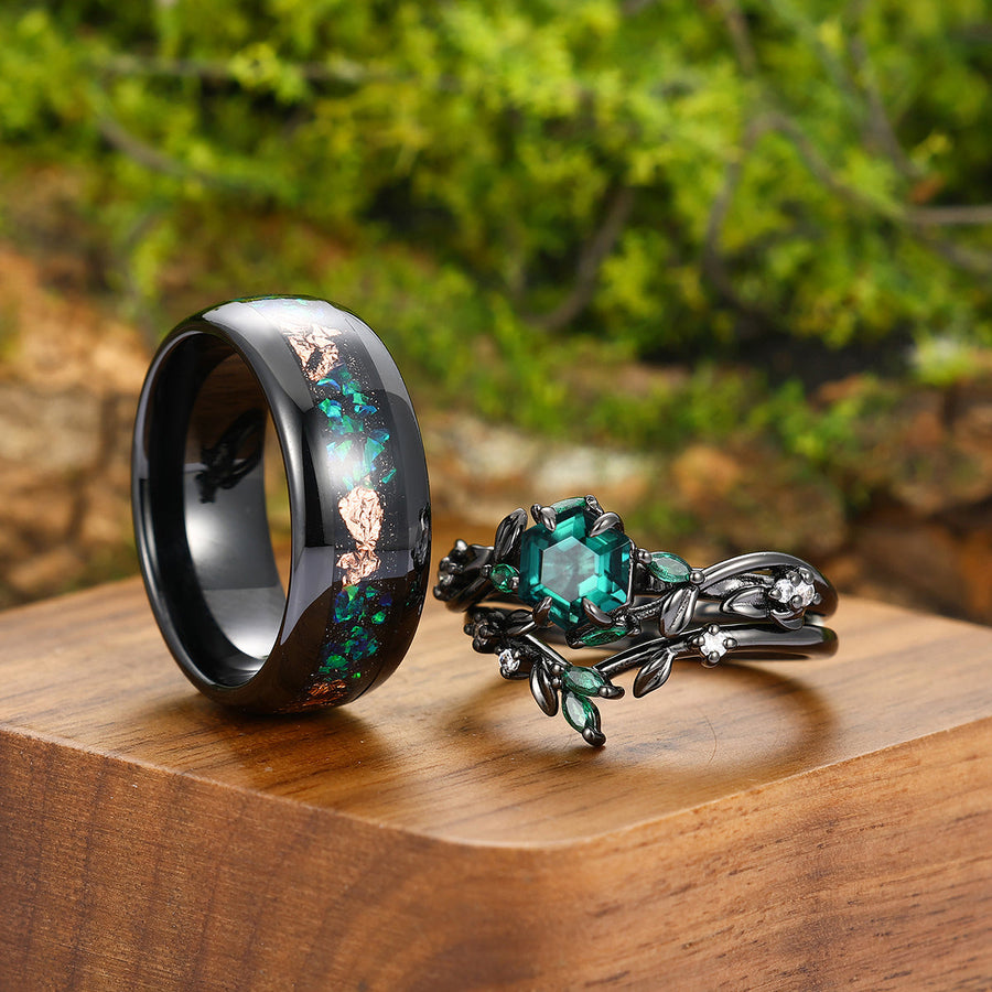 Dainty Emerald Leaves Branches Engagement Couple Rings Set Promise Matching Tungsten Wedding Band For Couples -  Esdomera.com