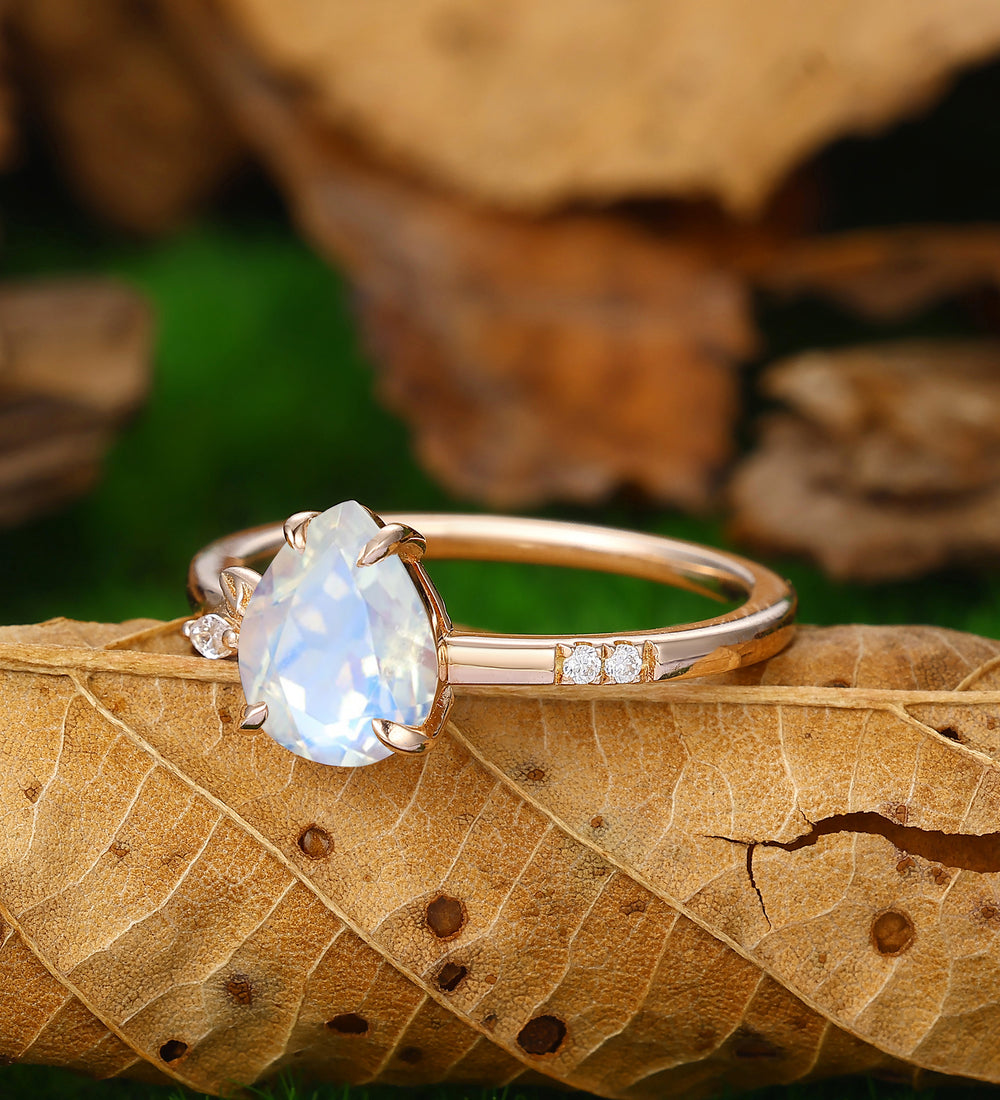 Pear Blue Moonstone Natural Inspired Leaf Engagement Ring In 14k Rose Gold