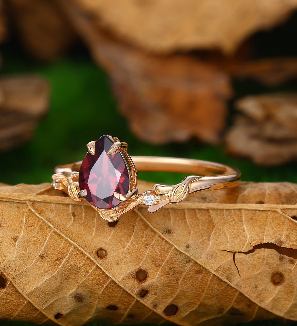 Vintage Unique 1.35 carat Red Garnet Wedding Promise Ring Nature Inspired Leaf Branch Ring 14k Soild Gold