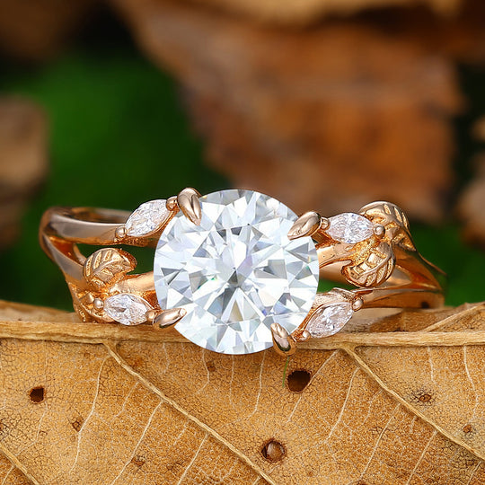 Nature Inspired Round Lab Grown Diamond Engagement Ring Leaves Band