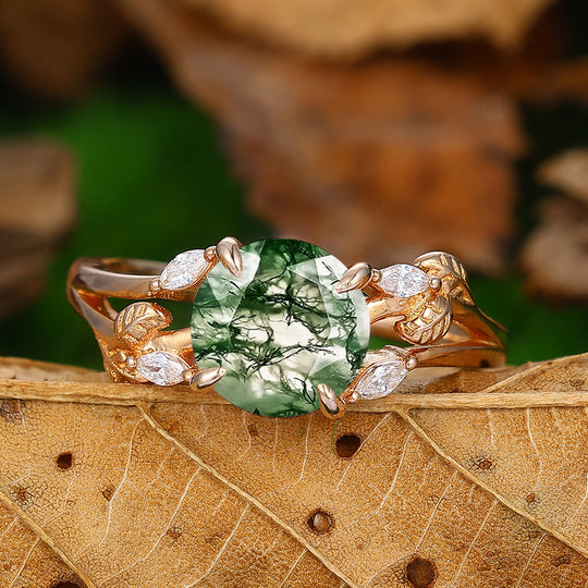 2 CT Round Shaped Cluster Natural Moss Agate Are Deco Leaf Ring