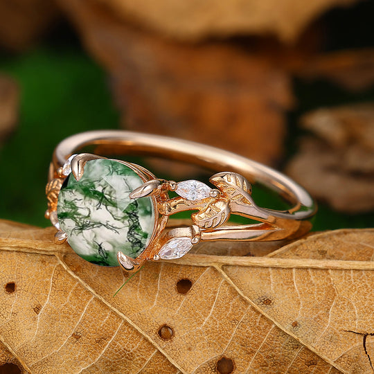 2 CT Round Shaped Cluster Natural Moss Agate Are Deco Leaf Ring