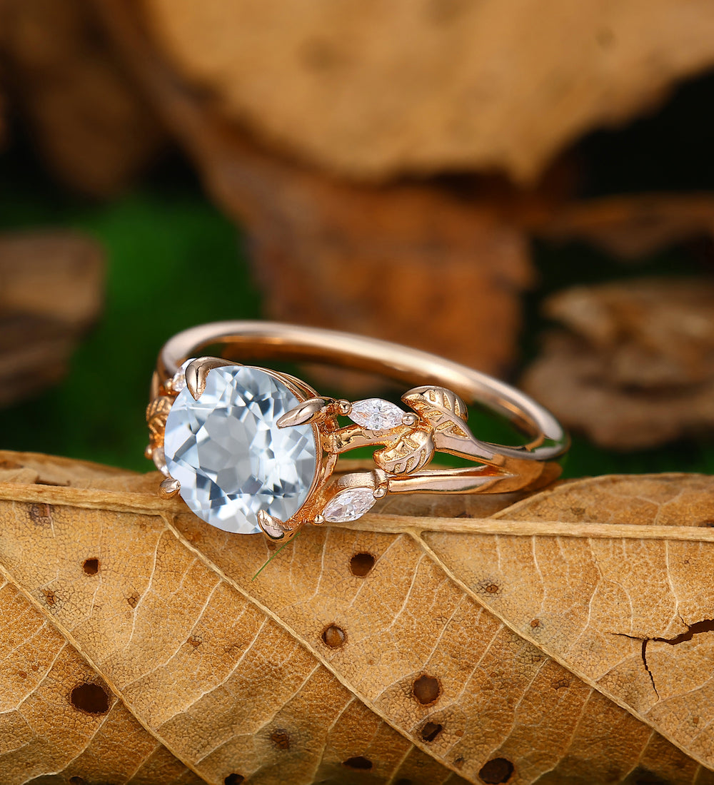 Nature Inspired 2Carat Natural Aquamarine Ring Delicate Leaf Twigs Promise Wedding Ring
