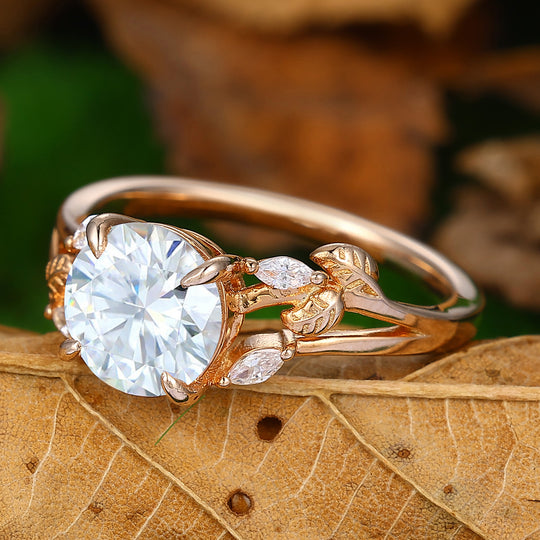 Nature Inspired Round Lab Grown Diamond Engagement Ring Leaves Band