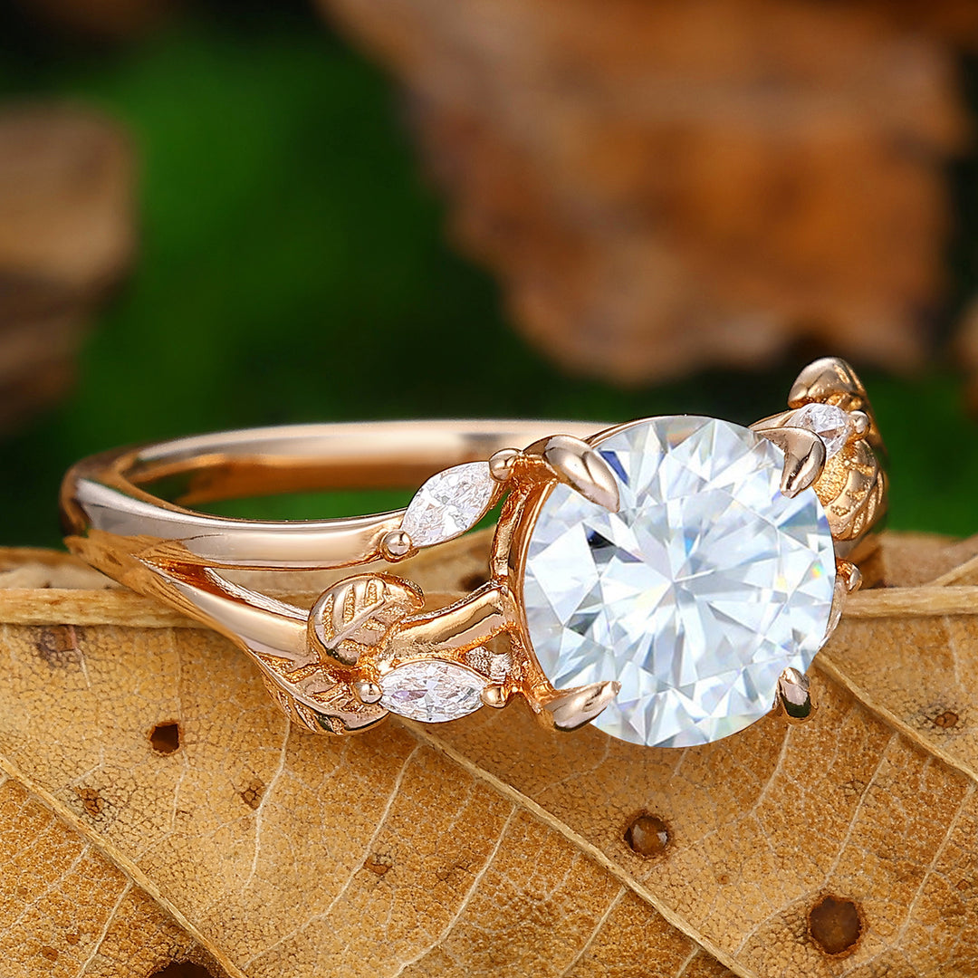 Twisted Twig Vine Ring Round Cut Moissanite Nature Inspired Leaf Design Pave Setting Ring Split Shank