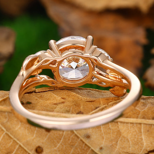 Nature Inspired Round Lab Grown Diamond Engagement Ring Leaves Band