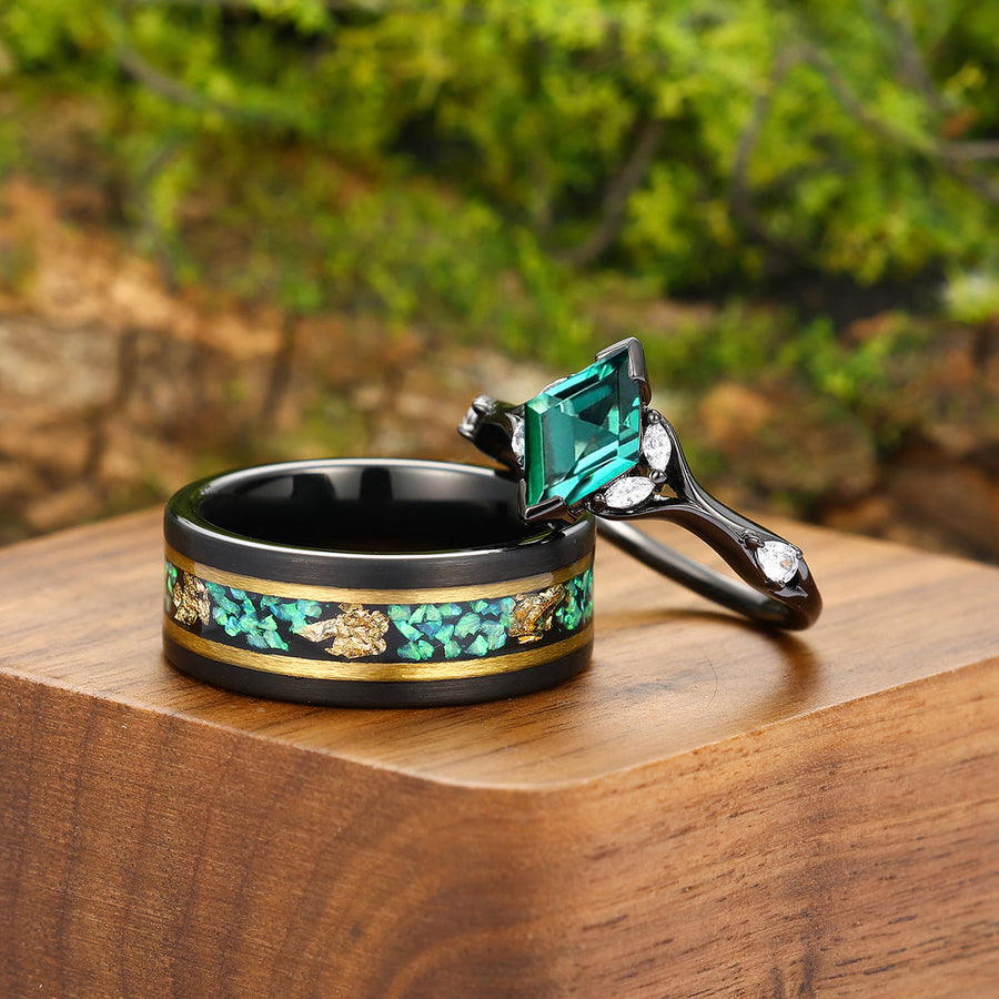 Stylish Rhombus Emerald Curved Engagement Rings For Couples Promise His And Hers Matching Green Tungsten Wedding Band -  Esdomera.com