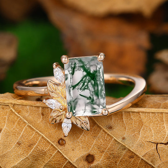 Unique 2 CT Emerald Cut Natural Moss Agate Bridal Ring In 925 Sterling Sliver