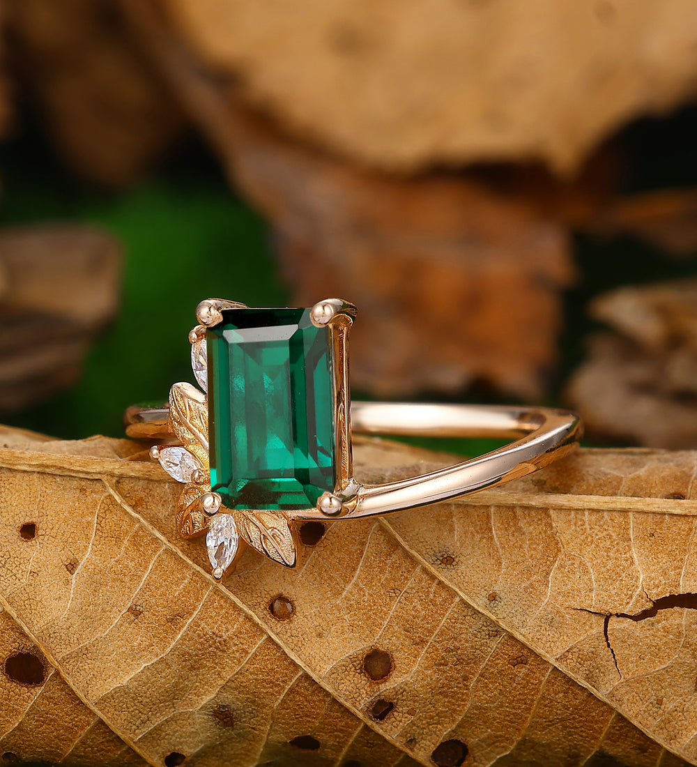 Emerald Cut 14k Rose Gold Vintage  Emerald Gold  Engagement Ring