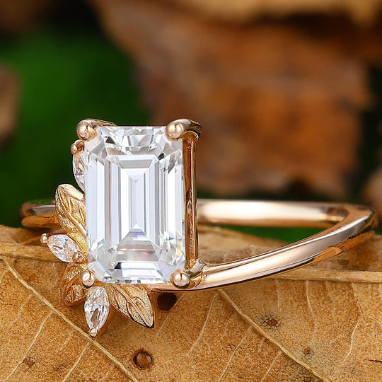 2.50CT Emerald Cut Moissanite Ring Cluster Ring Leaf Design