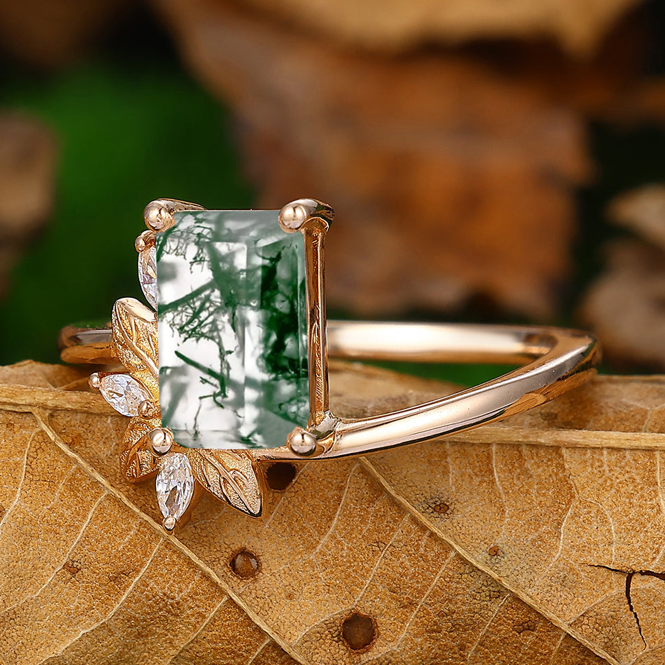 Unique 2 CT Emerald Cut Natural Moss Agate Bridal Ring In 925 Sterling Sliver