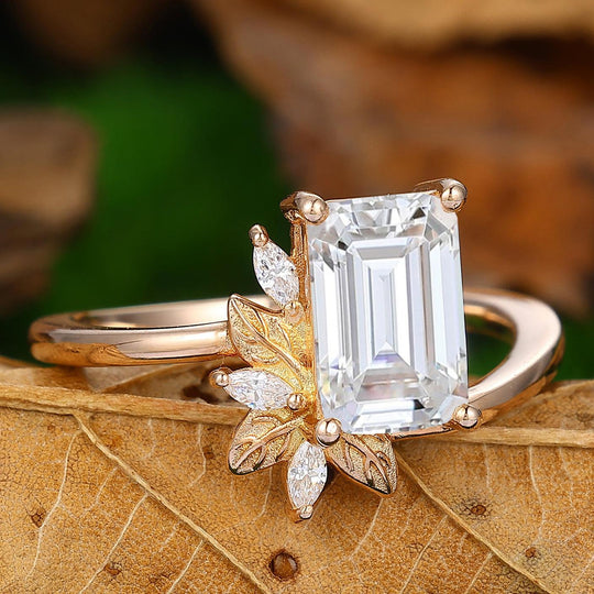 2.50CT Emerald Cut Moissanite Ring Cluster Ring Leaf Design