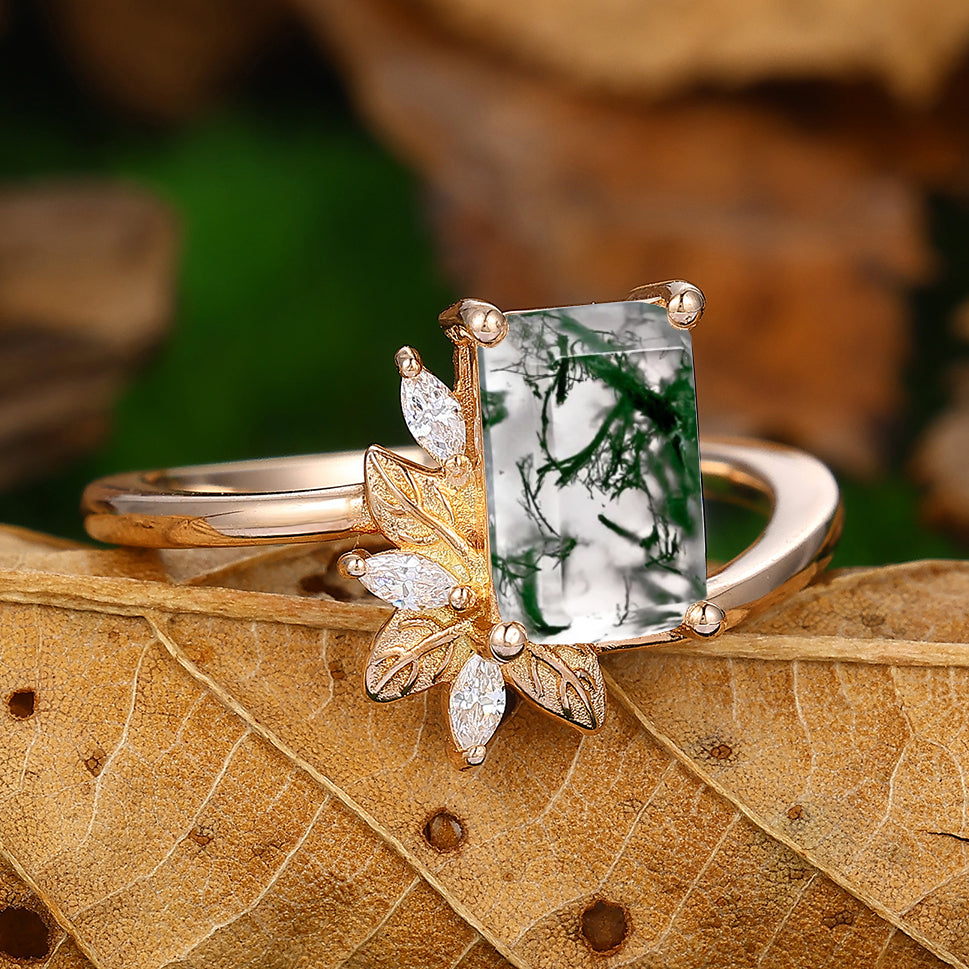 Unique 2 CT Emerald Cut Natural Moss Agate Bridal Ring In 925 Sterling Sliver