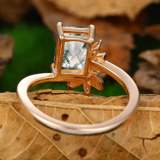 Unique 2 CT Emerald Cut Natural Moss Agate Bridal Ring In 925 Sterling Sliver