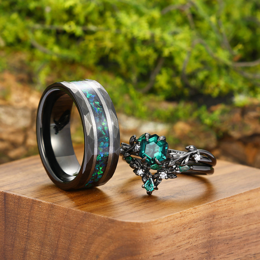 Delicate Emerald Sprig Shape Engagement Couple Rings Set Black Tungsten Personalized Anniversary Rings.