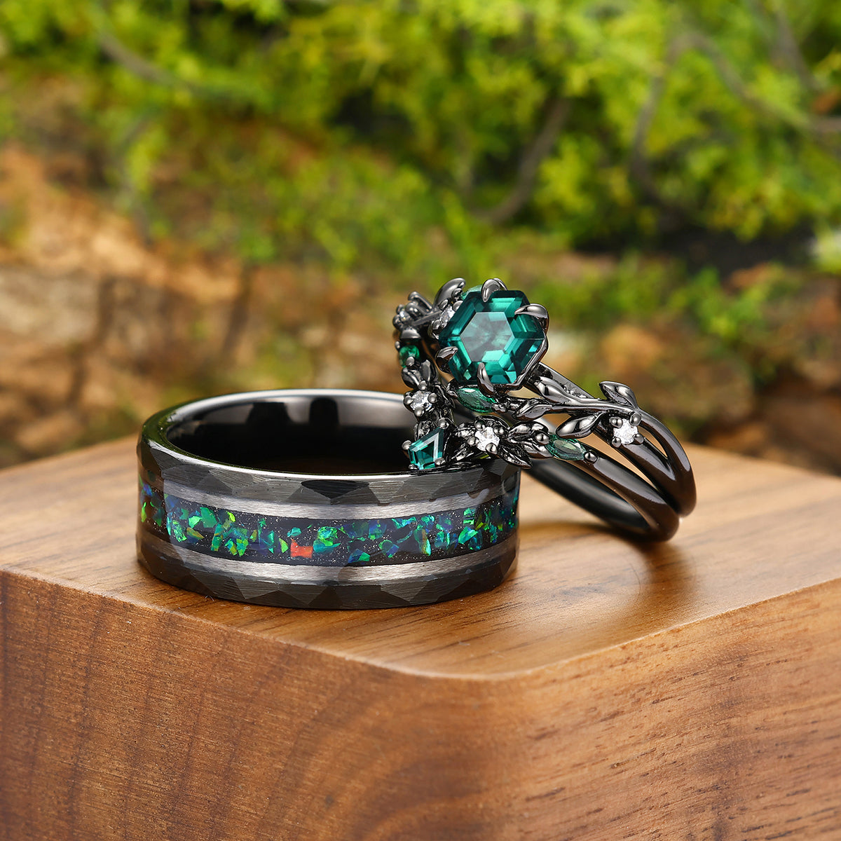 Delicate Emerald Sprig Shape Engagement Couple Rings Set Black