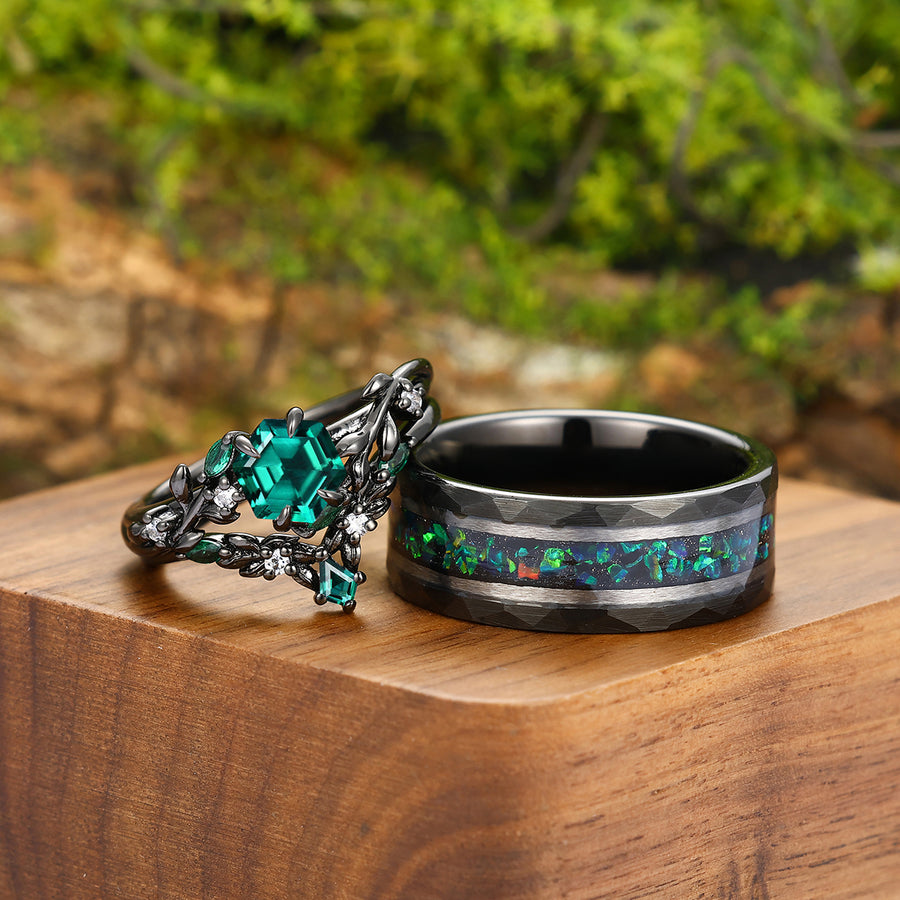 Delicate Emerald Sprig Shape Engagement Couple Rings Set Black Tungsten Personalized Anniversary Rings.