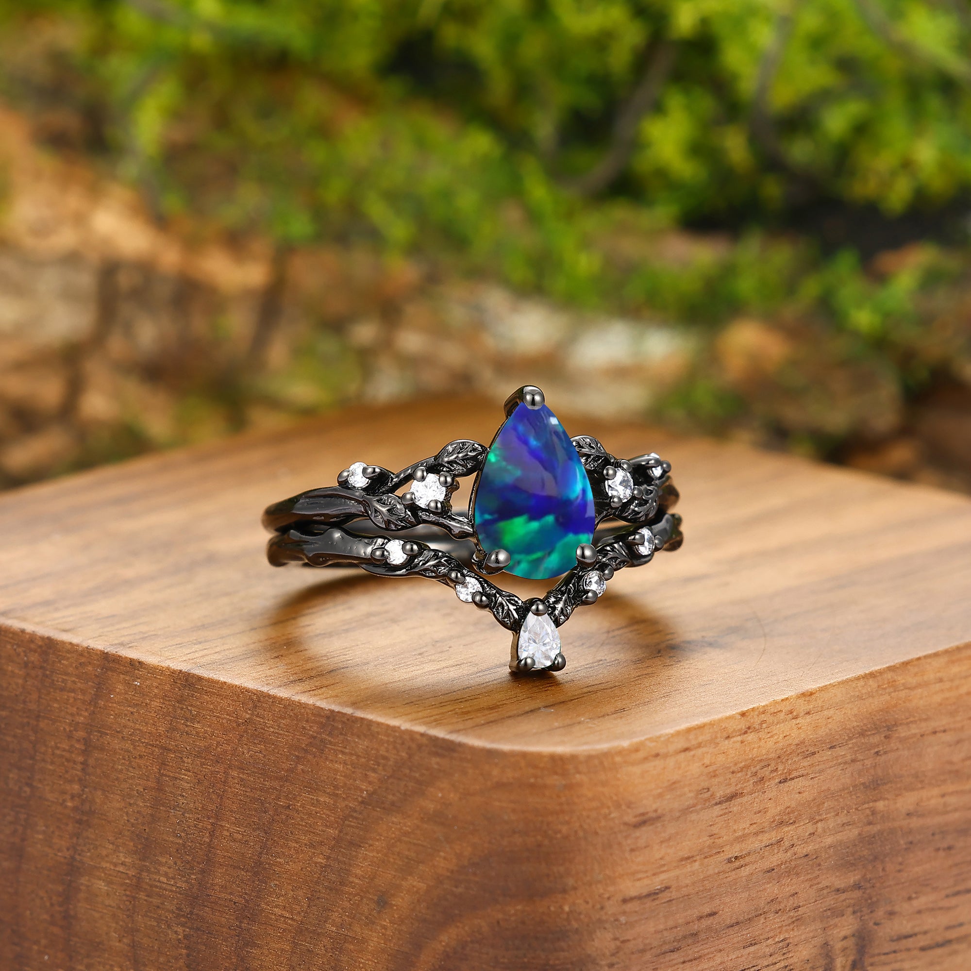 Personalized Peacock Green Opal Twig Engagement Couple Rings Set