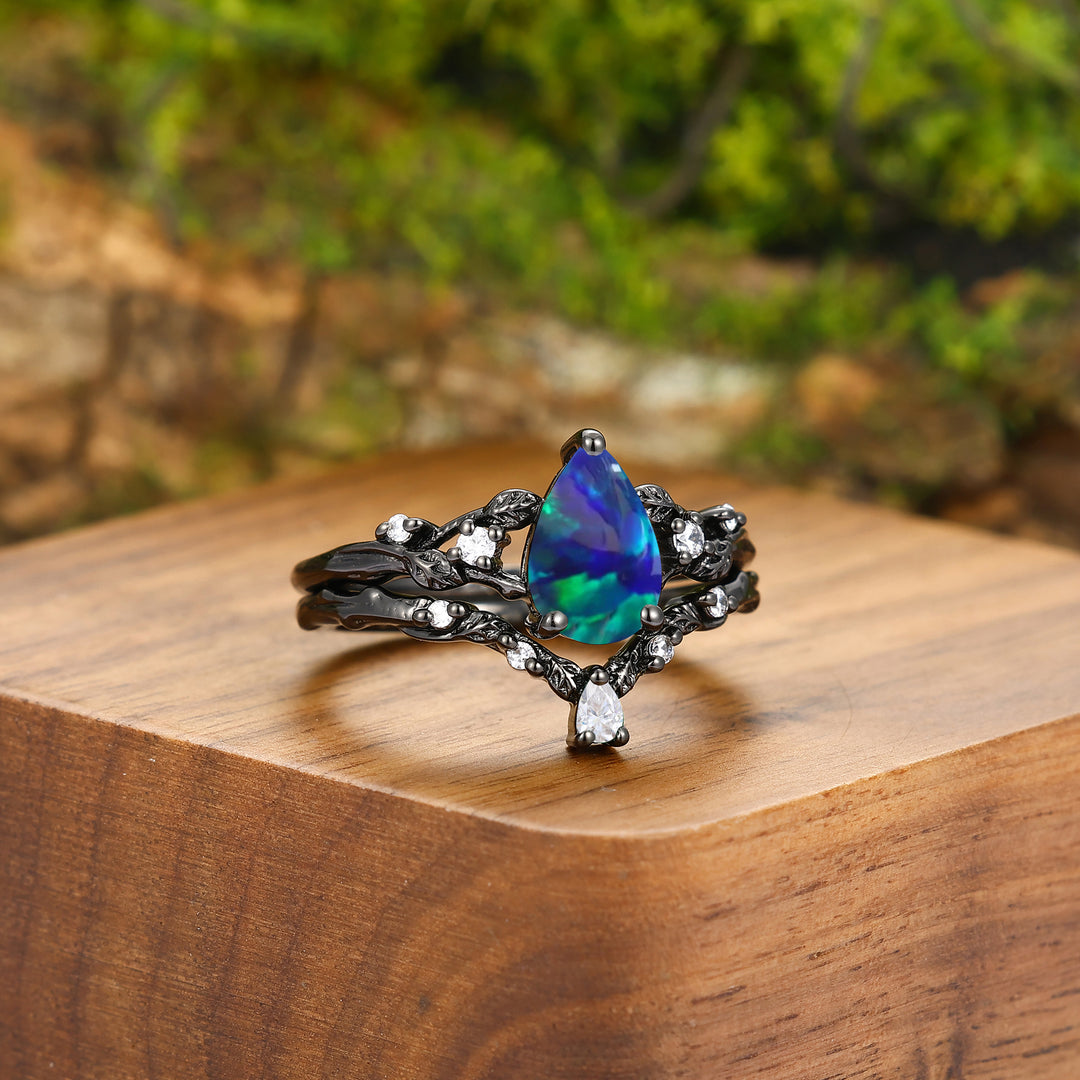Personalized Peacock Green Opal Twig Engagement Couple Rings Set Matching His And Hers Tungsten Wedding Band -  Esdomera.com